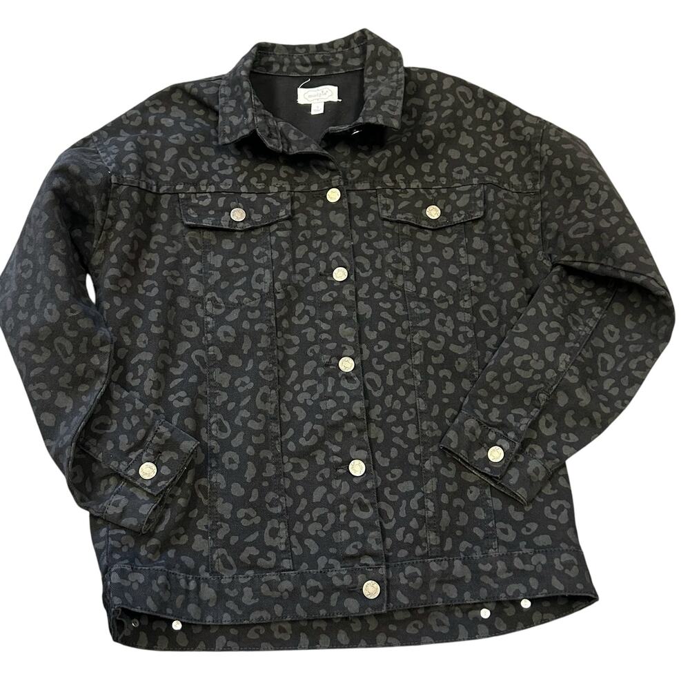 Mud Pie Shaw Boyfriend Jean Jacket Cotton Denim Black Leopard Women’s Size Small